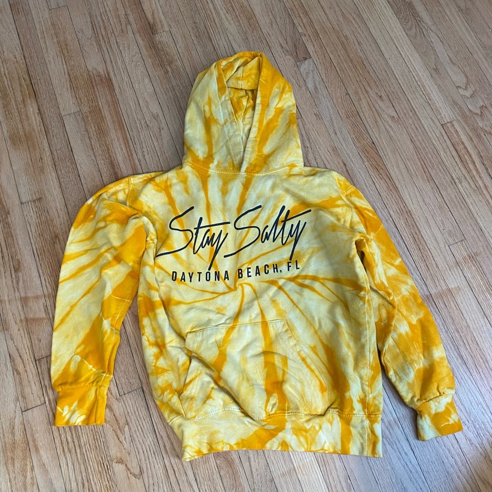 Stay Salty Daytona Beach Florida Yellow Tie-Dye Hoodie youth 10-12 Pullover